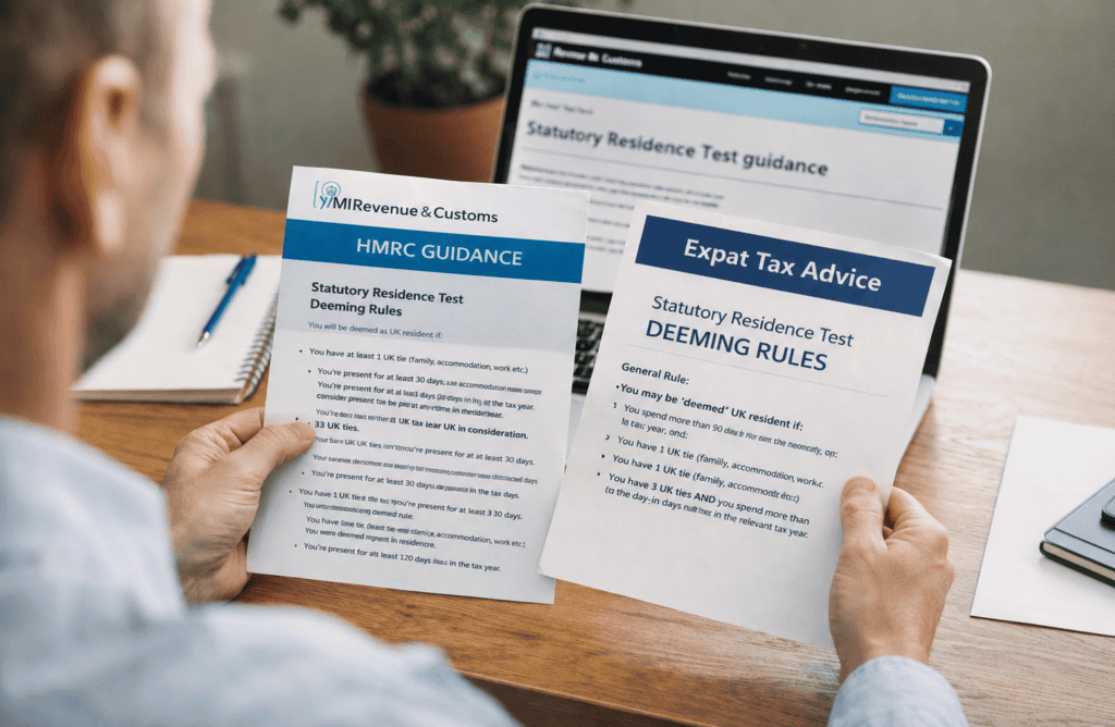 Person comparing HMRC guidance and Expat Tax Advice notes on Statutory Residence Test deeming rules.