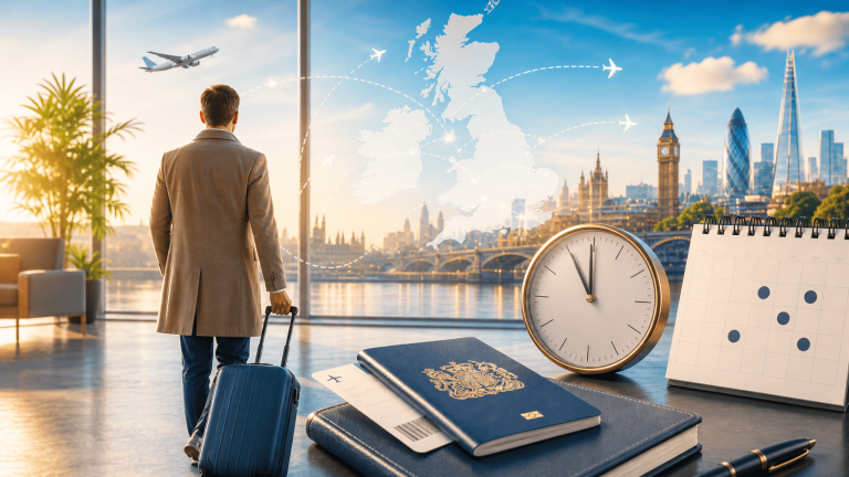Expats planning UK travel with a clock, calendar and flight routes showing how SRT deeming rules can affect UK tax residence.