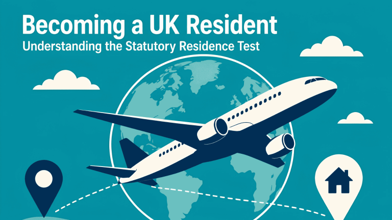 Illustration of a plane arriving in the UK, representing new UK residents understanding the Statutory Residence Test and UK tax planning.