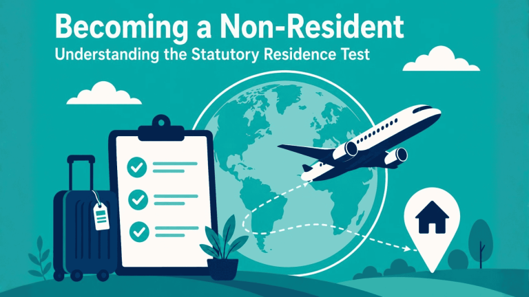 Illustration of a plane, travel checklist and globe representing UK expats becoming non-resident under the Statutory Residence Test.