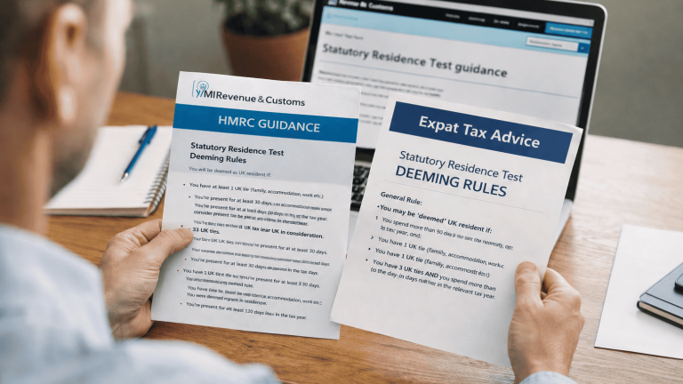 Person comparing HMRC guidance and Expat Tax Advice notes on Statutory Residence Test deeming rules.