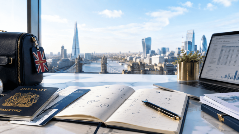 Passport, travel documents and a day-count calendar overlooking London, representing UK tax residence and Statutory Residence Test evidence for expats.