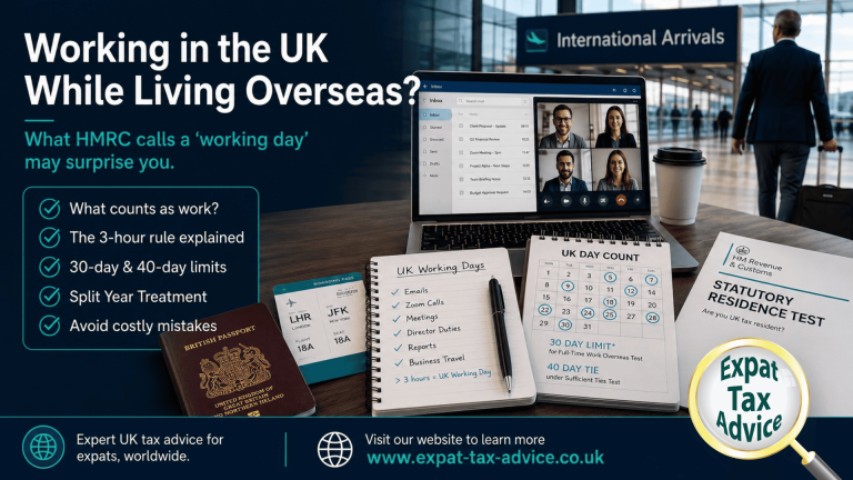 UK working day under the Statutory Residence Test illustrated with passport, laptop and tax residence documents